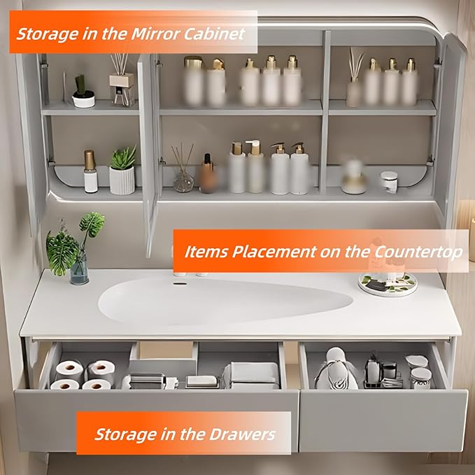48IN Grey Bathroom Vanity Set - Floating Bathroom Vanity with Single Sink | Including LED Smart Defogging Mirror Cabinet & Time Display Function, Equipped with Motion Sensing Light Strip (Style B)