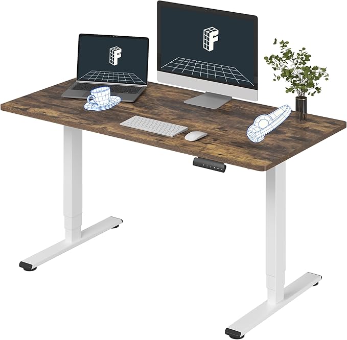 FLEXISPOT E6 3 Stages Dual Motor Electric Standing Desk 55x28 Inch Whole-Piece Board Height Adjustable Electric Sit Stand Desk(White Frame + Special Walnut Desktop, 2 Packages)