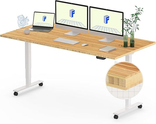 FLEXISPOT E6 MAX Bamboo 60x30 Inch Dual Motor 3-Stage Heavy Duty Standing Desk, 330lbs Weight Capacity, Height Adjustable Desk w/Cable Management & Wheels (Solid Bamboo Desktop + White Frame)