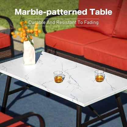 6 Piece Metal Outdoor Patio Furniture Sets, Patio Conversation Sets with 3-Seater Sofa, 4 Single Sofa (5.75" Thick Cushion) & Coffee Table, Black Frame Backyard Furniture, Rust Red
