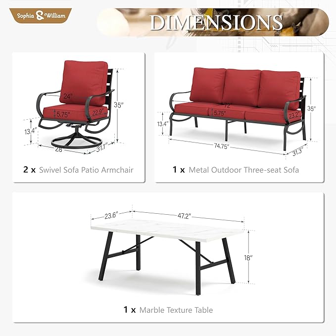 Sophia & William Patio Furniture Sets 5 Seats Outdoor Metal Conversation Sets 4 Pcs with 2 x Cushioned Swivel Sofa Chairs,1 x 3-Seat Sofa, 1x Marbling Metal Coffee Table Lawn Backyard Poolside Red