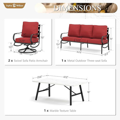 Sophia & William Patio Furniture Sets 5 Seats Outdoor Metal Conversation Sets 4 Pcs with 2 x Cushioned Swivel Sofa Chairs,1 x 3-Seat Sofa, 1x Marbling Metal Coffee Table Lawn Backyard Poolside Red