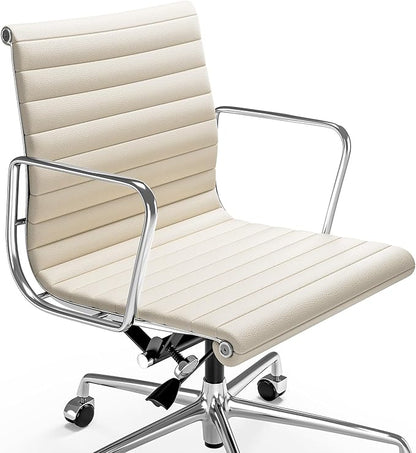 Mid Back Genuine Leather Ribbed Office Chair-Ergonomic Desk Chair with Aluminum Alloy Armrest & Frame, Swivel Silent Wheels & Tilt Function, Adjustable Height