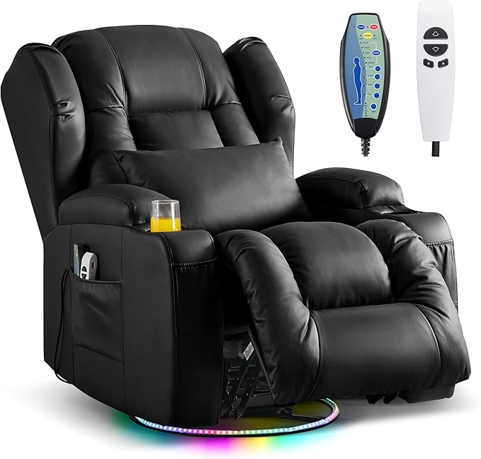 Power Swivel Rocker Recliner Chairs, Electric Wall Hugger Reclining Sofa with Massage & Heat, Comfy Theater Seating Single Chair with LED Light/USB/Type-C Ports (Leather Black, Single Chair)