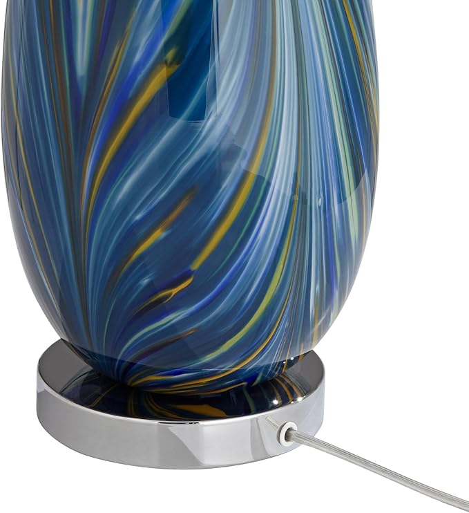 Possini Euro Design Pablo Modern Style Table Lamp with Clear Square Riser 28.5" Tall Multi Blue Art Glass White Drum Shade for Living Room Bedroom House Bedside Nightstand Home (Color May Vary)