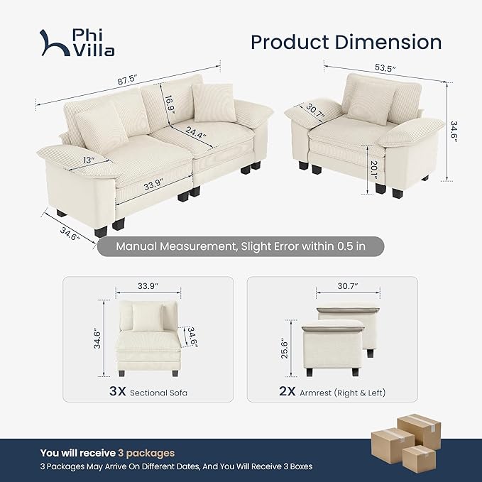 PHI VILLA Cloud Modular Couches Sets, 2 Pieces Sectional Sofa Set with Loveseat, 3-Seater Comfy Couch for Living Room Small Spaces, Chenille Corduroy Dual Fabric, Beige