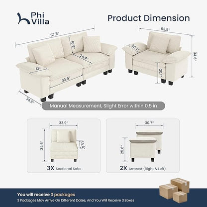 PHI VILLA Cloud Modular Couches Sets, 2 Pieces Sectional Sofa Set with Loveseat, 3-Seater Comfy Couch for Living Room Small Spaces, Chenille Corduroy Dual Fabric, Beige