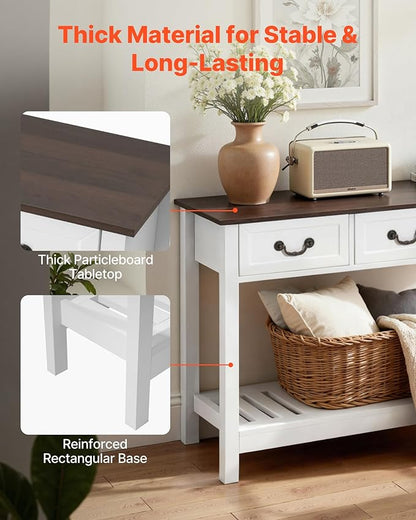 VEVOR 47 in Console Table, Farmhouse Desk Behind The Couch with Drawers and Bottom Storage Shelf, Wooden Rectangle Entrance Narrow Sofa Table for Hallway, Bedroom, Living Room, Foyer, Brown + White
