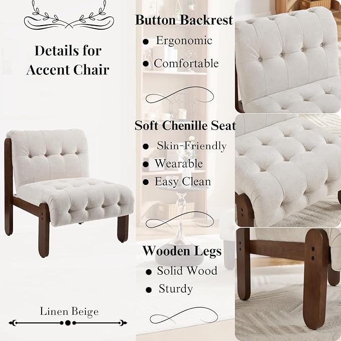 HEAH-YO Accent Chair Set of 1,Modern Vintage Living Room Chair for Bedroom with Button Tufted Back and Wood Legs,Upholstered Comfy Reading Chair for Makeup Vanity Cafe,Chenille Beige