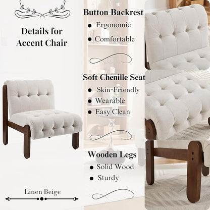 HEAH-YO Accent Chair Set of 1,Modern Vintage Living Room Chair for Bedroom with Button Tufted Back and Wood Legs,Upholstered Comfy Reading Chair for Makeup Vanity Cafe,Chenille Beige