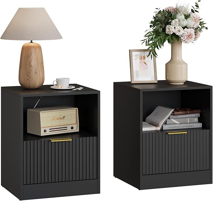 3-Piece Modern Bedroom Furniture Set, Wide 8-Drawer Dresser & 1-Drawer Nightstands Set of 2, Natural Wood Dresser and Nightstand Sets for Bedroom, Hallway, Black