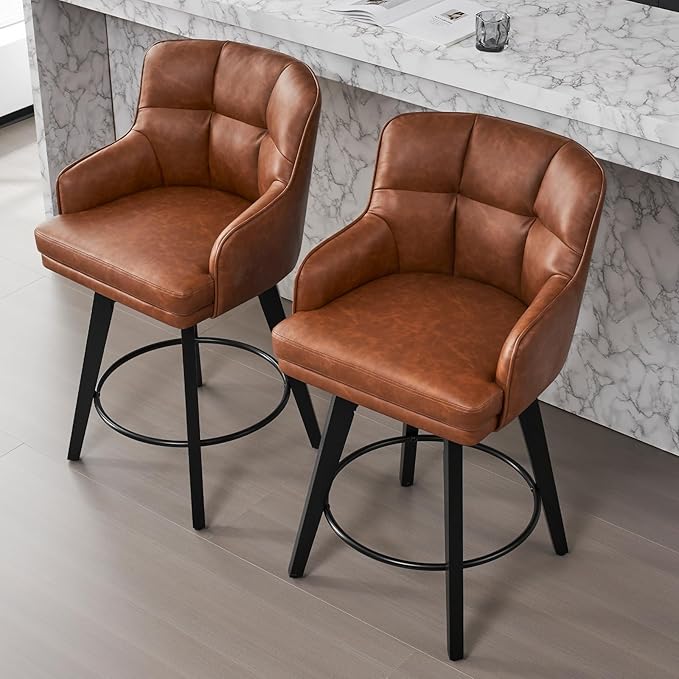 360°Swivel Counter Height Bar Stools with Back, 26 inch Solid Wood Legs, Bar Stool Modern Kitchen Island Chairs, Faux Leather (Brown- Faux Leather, 26" H- Set of 4)