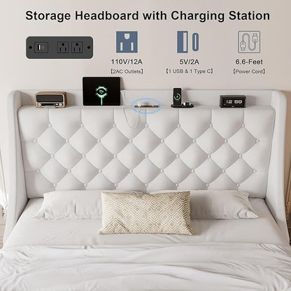 Full Size Upholstered Platform Bed Frame with 4 Storage Drawers and Charging Station, Linen Button Tufted Wingback Headboard, Sturdy Wooden Support Slats, No Box Spring Needed, White