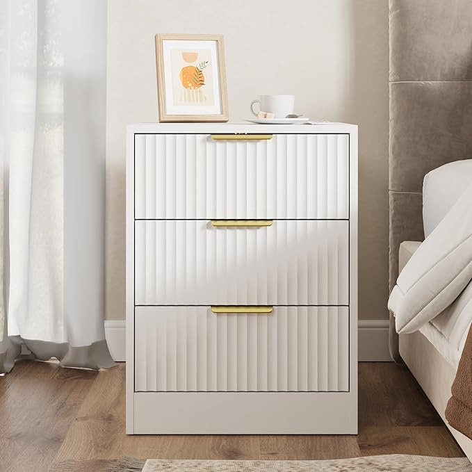 3-Piece Modern Bedroom Furniture Set, Wide 9-Drawer Dresser & 3-Drawer Nightstands Set of 2, Natural Wood Dresser and Nightstand Sets for Bedroom, Hallway, White