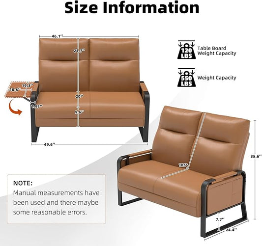 Faux Leather Loveseat, Upholstered Loveseat with Side Tray Table & Storage Pocket, Small Loveseat for Living Room, Modern 2 Seater Sofa Couch for Small Spaces, Bedroom, Brown