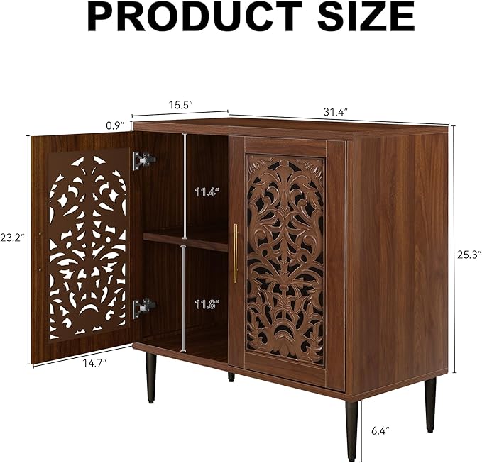 ARTPOWER Accent Cabinet with 2 Doors, Vintage Hollow Carving Buffet Cabinet, Sideboards and Buffets with Storage, Credenza for Living Room, Kitchen, Dining Room, Entryway, Hallway, Walnut