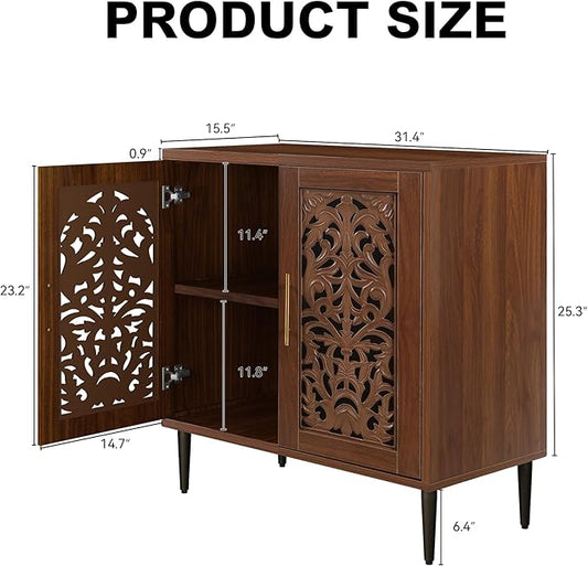 ARTPOWER Accent Cabinet with 2 Doors, Vintage Hollow Carving Buffet Cabinet, Sideboards and Buffets with Storage, Credenza for Living Room, Kitchen, Dining Room, Entryway, Hallway, Walnut