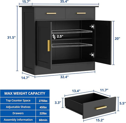 Buffet Cabinet with Storage - Buffets & Sideboards Kitchen Storage Cabinet, Wood Console Table Coffee Bar Accent Cabinets for Living Room Dining Room Entryway Small 2 Doors & Drawers, Black 35.4"W