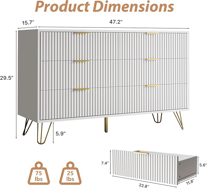 White Dresser for Bedroom, Modern Dresser with Gold Metal Handles & Chests of Drawers, Wood Chest of Drawers for Bedroom