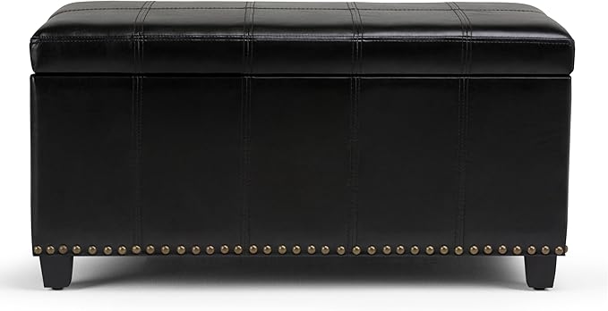SIMPLIHOME Amelia 33 inch Wide Transitional Rectangle Storage Ottoman Bench in Midnight Black Vegan Faux Leather, Assembled, For the Living Room, Entryway and Family Room