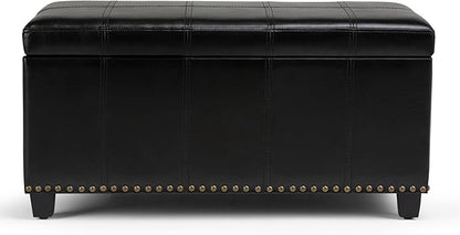 SIMPLIHOME Amelia 33 inch Wide Transitional Rectangle Storage Ottoman Bench in Midnight Black Vegan Faux Leather, Assembled, For the Living Room, Entryway and Family Room