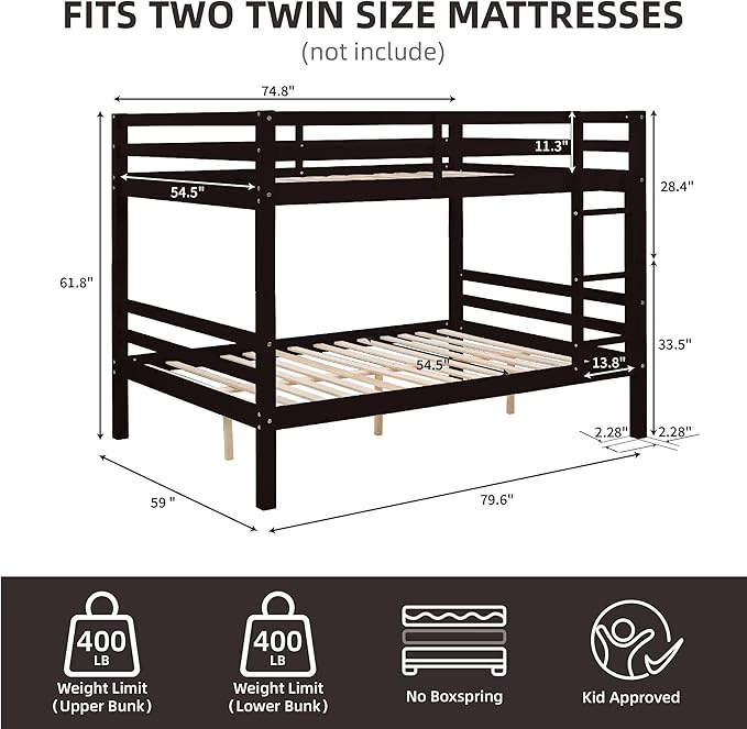 Full Over Full Bunk Bed with Thick Posts,Wooden Bunk Bed with High Guardrail and Ladder for Kids, Teens, Dorm Rooms, and Guest Rooms,No Box Spring Needed, Espresso