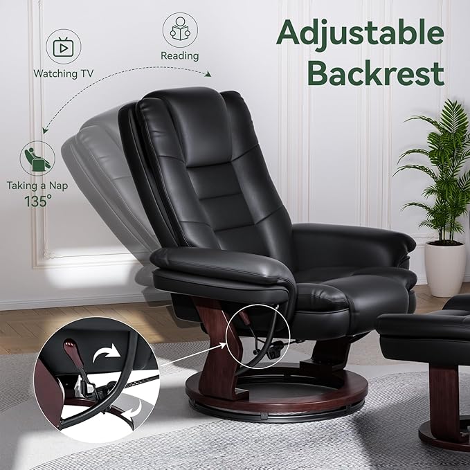 Swivel Recliner Chair with Ottoman, Adjustable PU Leather Recliner with Wood Base, Thick Padded Cushion, Modern Reclining Chair & Ottoman Set for Living Room, Bedroom, Office, Small Spaces (Black)