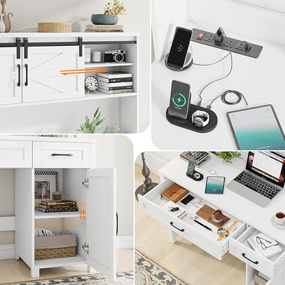 Farmhouse 47" Executive Computer Desk with 2 Drawers and Storage Cabinet, Home Office Desk with Hutch and Charging Station, Workspace for Work and Study (Cream White).