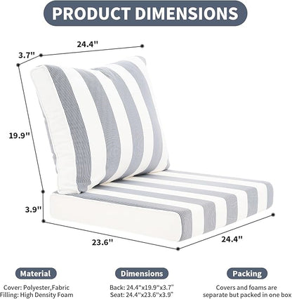 Outdoor Cushion Set for Patio Furniture Deep Seat Chair Cushions Weather Resistant Sofa Chair Pad, 24.4x23.6 Inch, Blue Stripe
