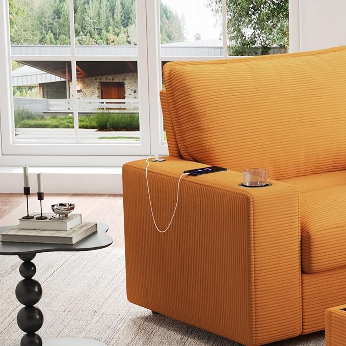 Christopher Knight Home Zoe Oversized Chaise Lounge Chair Indoor with Cup Holders & USB Charging Port, Corduroy Upholstered Sofa Bed + Ottoman with Storage, Comfy Deep Seat Sleeper Sofa Chair, Yellow