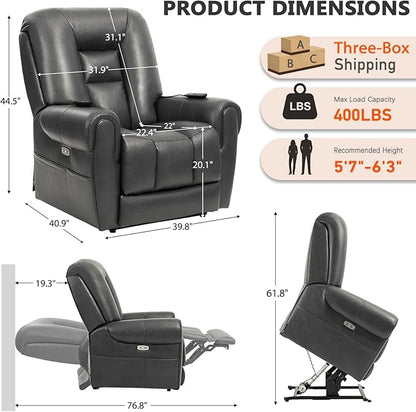 EONIX Four Motor Lay Flat Power Lift Recliner Chair for Elderly, 400lbs Electirc Lift Chair for Living Room, Independent Adjustable Lumbar Support & Headrest, Extended Footrest, Grey