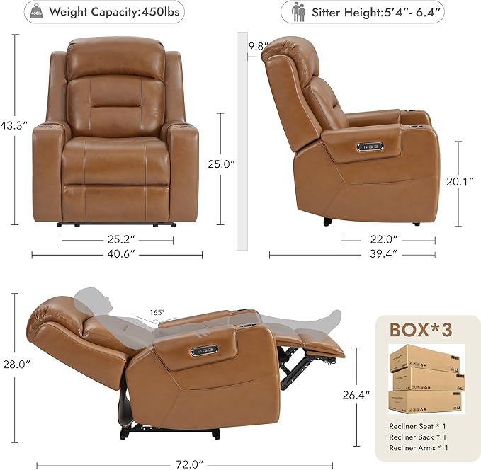 Watson & Whitely Oversized Genuine Leather Power Recliner Chairs for Big and Tall, Extra Wide Lay Flat Recliner with Power Headrest & Cup Holders, Electric Reclining Sofa for Living Room, Saddle