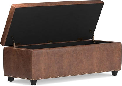 SIMPLIHOME Hamilton 48 inch Wide Transitional Rectangle Storage Ottoman in Distressed Umber Brown Vegan Faux Leather, Assembled, For the Living Room, Entryway and Family Room