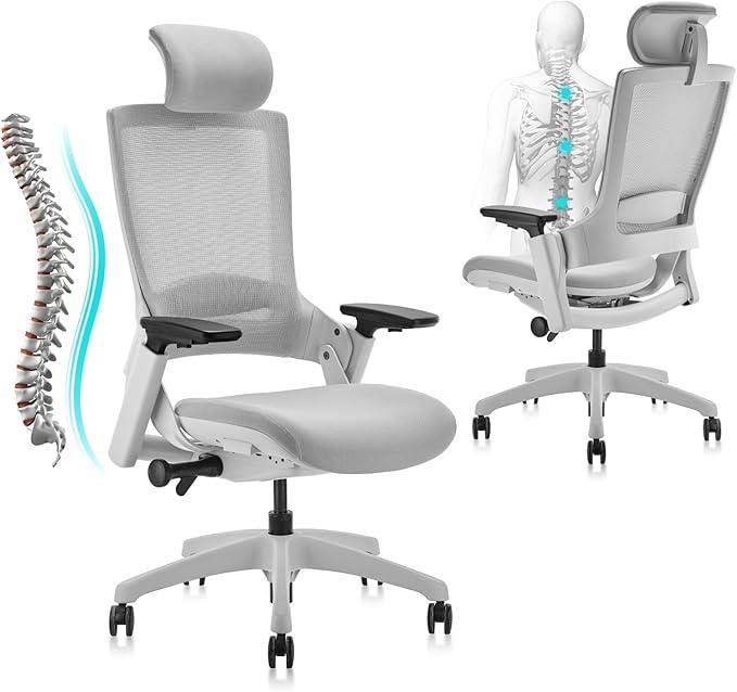 CLATINA Ergonomic High Swivel Executive Chair with Adjustable Height Head 3D Arm Rest Lumbar Support and Upholstered Back for Home Office Gray Mesh 2 Pack