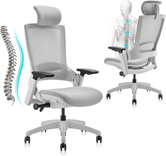 CLATINA Ergonomic High Swivel Executive Chair with Adjustable Height Head 3D Arm Rest Lumbar Support and Upholstered Back for Home Office Gray Mesh 2 Pack