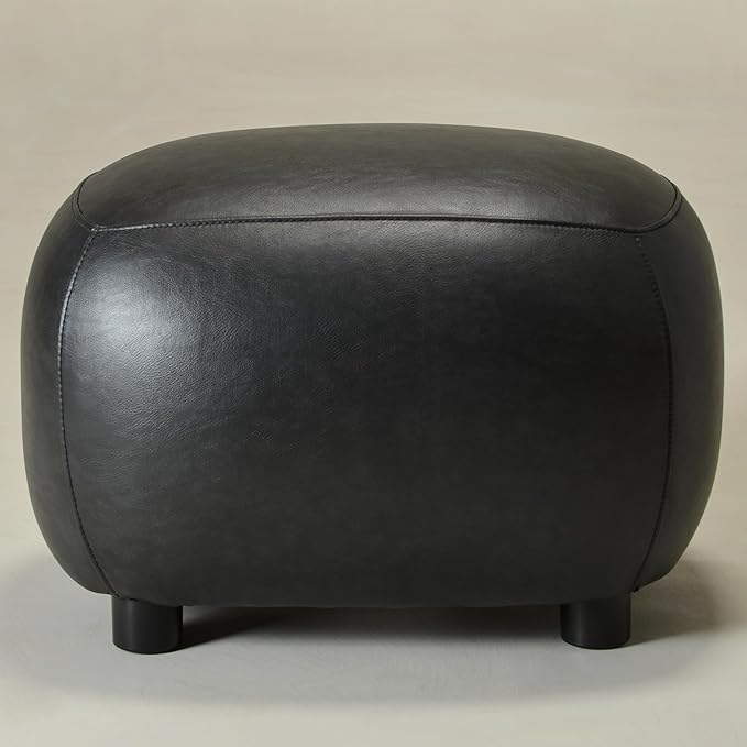 KINWELL 23" Wide Faux Leather Upholstered Ottoman, Mid-Century Modern Living Room Footrest with Soft Padded Seat, Footstool for Bedroom, Entryway or Living Room, Black