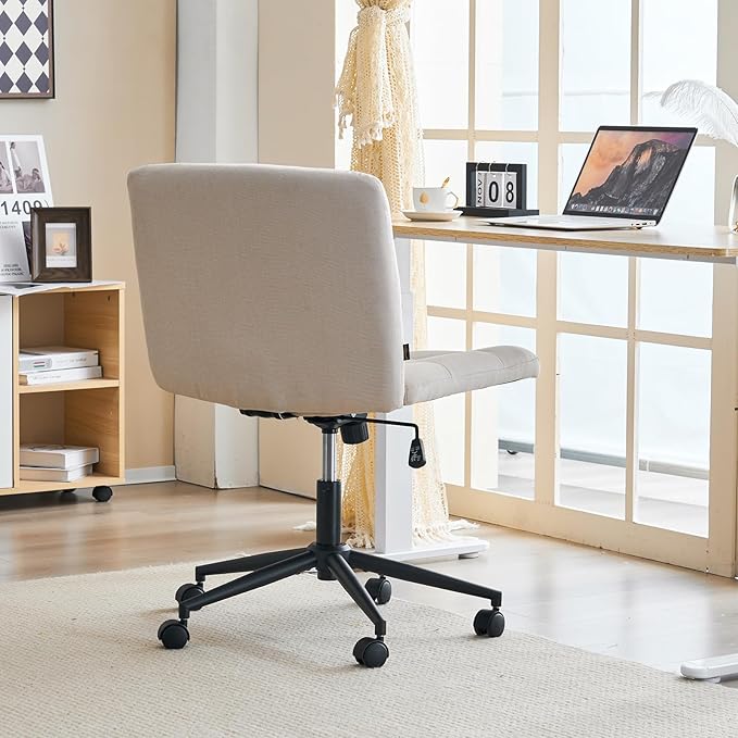 Furnimart Swivel Criss Cross Legged Chair with Wheels for Home Office, Wide Armless Desk Chair Height Adjustable Comfy Seat for Desk,Vanity, Bedroom, Beige