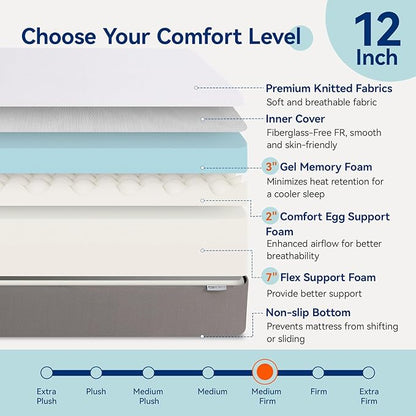 Amazon Basics Memory Foam Mattress, Medium Firm, 12 Inch, King, White/Grey, 80" L x 76" W x 12" Th