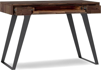 SIMPLIHOME Lowry Small Desk - 44-Inch Wide Solid Acacia Wood and Metal Writing Desk in Distressed Charcoal Brown, Modern Industrial Home Office Table with 2 Drawers and Flip-Down Keyboard Tray