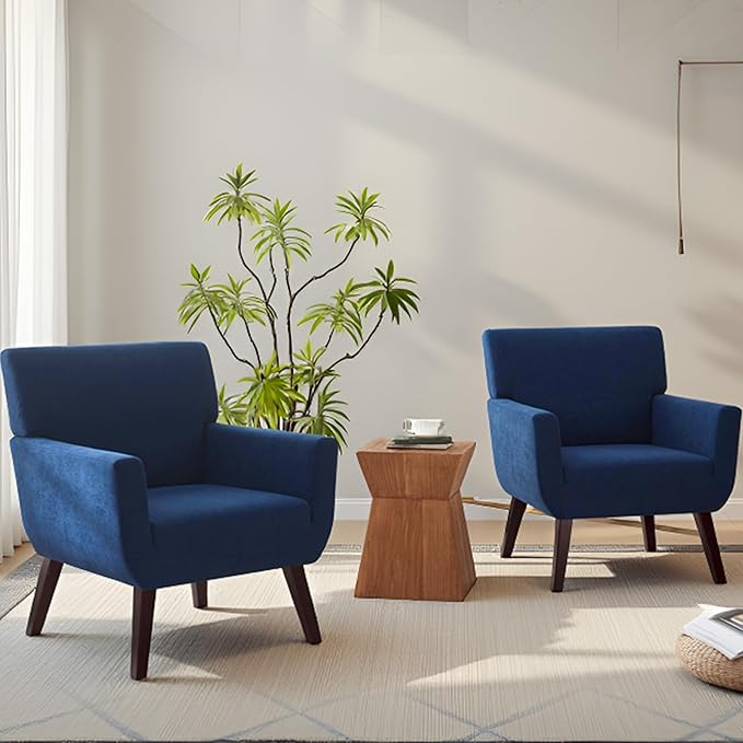 Upholstered Accent Chair,Mid Century Modern Office Fabric Small Living Room Chair with Arm,Comfy Wingback Armchair for Bedroom Reading (Blue, 2 PC)