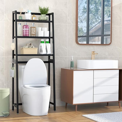 VASMIA Over The Toilet Storage,Bamboo 3-Tier Bathroom Organizer Over Toilet Storage Cabinet,Freestanding Space Saver with 3 Hooks Black
