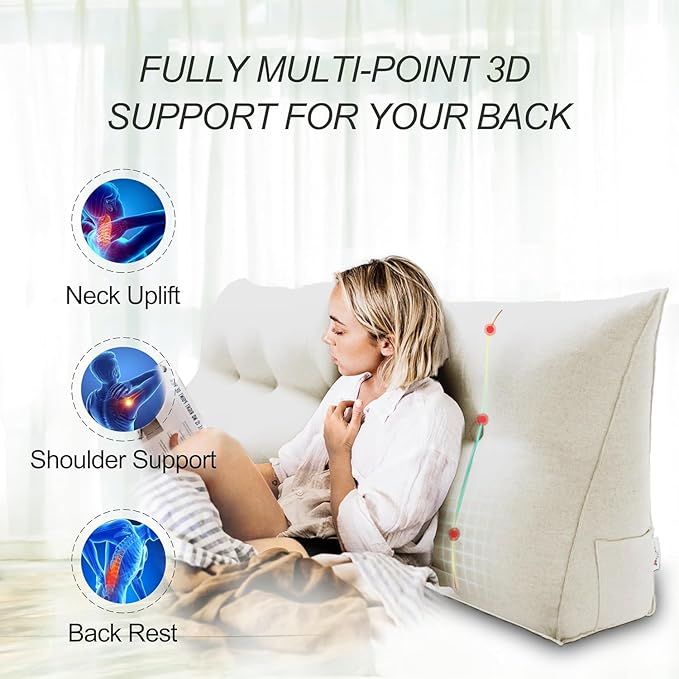 WOWMAX Headboard Pillow Triangular Bed Wedge Pillow for Headboard Large Bolster Pillow for Bed with Removable Cover, 85% Linen 15% Cotton Blend, Pure White