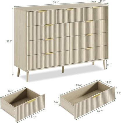 LYNSOM Fluted 9 Drawer Dresser for Bedroom, 55" Wide Modern Chest of Drawers with Curved Profile Design and Metal Handles, Wood Dresser TV Stand & Storage Organizer for Bedroom, Hallway, Beige