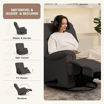 Dark Grey Glider Rocker Recliner,Swivel Rocking Recliner Chair,Glider Rocking Chair,Reclining Sofa Rocking Chair Nursery,23 Inches Deep Seat & 27 inches High Back,for Living Room