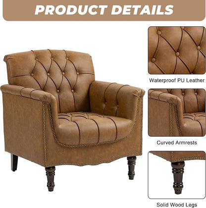 Faux Leather Accent Chairs Set of 4, Upholstered Armchairs with Nailhead Trims & Wood Legs for Living Room, Bedroom, Contemporary Comfy Club Chairs for Office-Camel