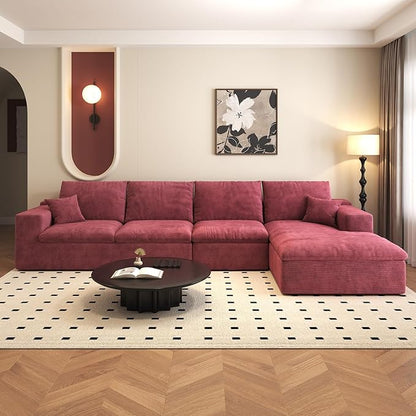 136.6'' L-Shaped Modern Modular Sectional Cloud Couch, 4-Seat Chenille Deep-Seat Sofa with Pillow for Living Room, Bedroom, Apartment, Wine Red