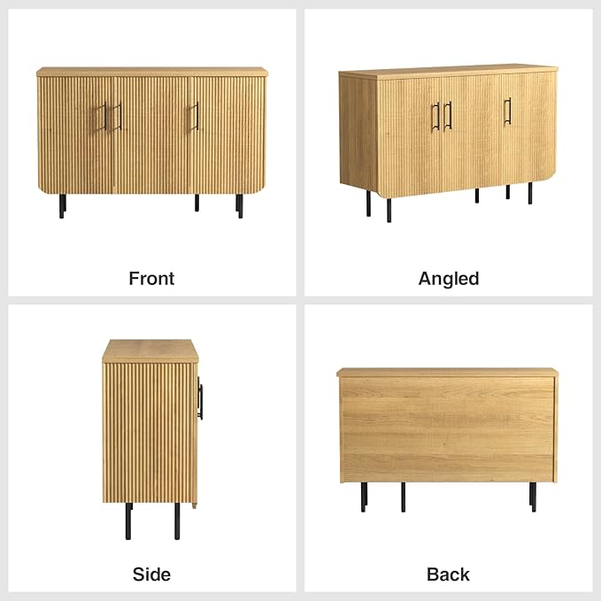 Set of 2 Fluted Natural Storage Cabinets, Modern 3-Door Sideboard Buffet Cabinet with Adjustable Shelves and Metal Legs, Accent Cabinet for Kitchen, Living Room, Entryway (Natural & Black)