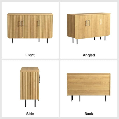 Set of 2 Fluted Natural Storage Cabinets, Modern 3-Door Sideboard Buffet Cabinet with Adjustable Shelves and Metal Legs, Accent Cabinet for Kitchen, Living Room, Entryway (Natural & Black)
