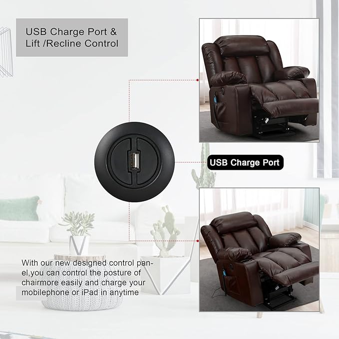BEDHOURS Recliner Chair Lift Chair Recliners for Elderly Power Lift Chair with Massage and Heat Breathable Leather Recliner 3 Positions, USB Ports, 2 Cup Holders, 2 Side Pockets (Brown)