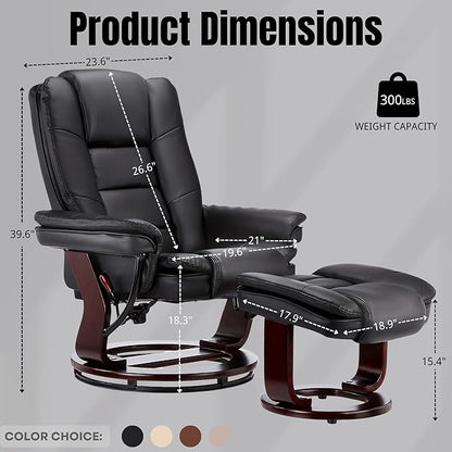 JC Home Argus Swivel Recliner with Ottoman, PU Leather & Wood Base Reclining Chair with Footrest, Ultra-Plush Double Foam for Living Room, Bedroom and Office